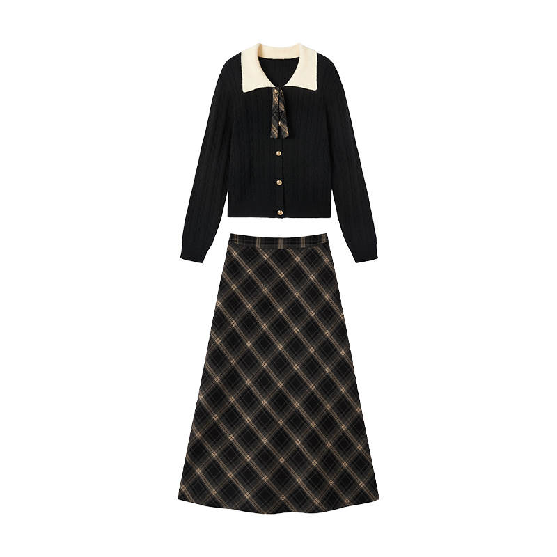 XIANGYING Two Piece Skirt Sets Women's Black Lapel Moderate Mid Length