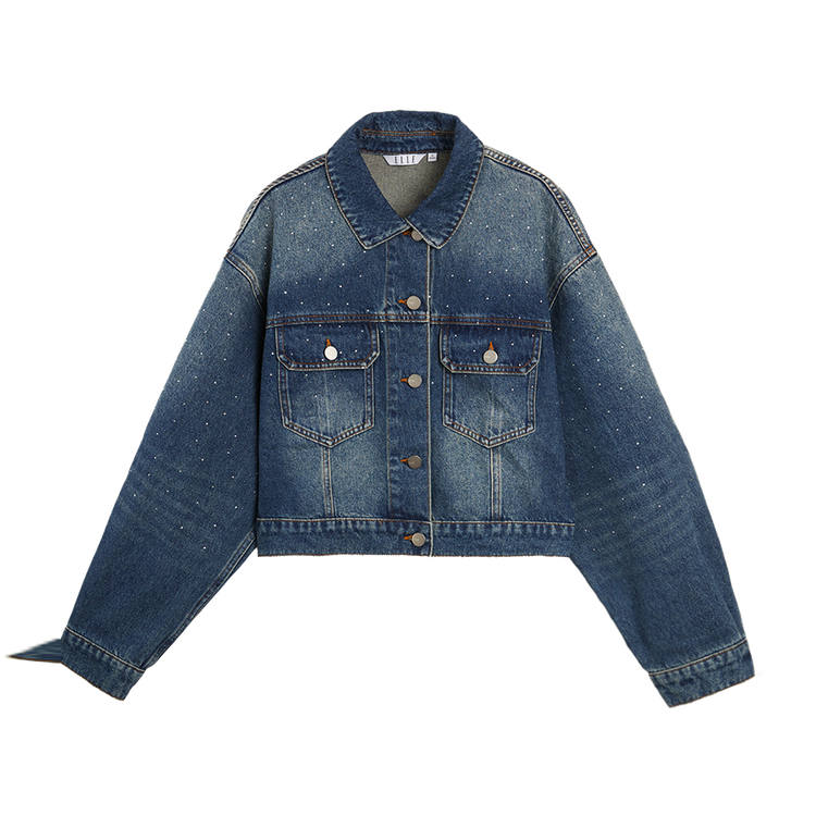 ELLE Denim Jackets Women's Denim Blue Lapel Moderate Straight Fit