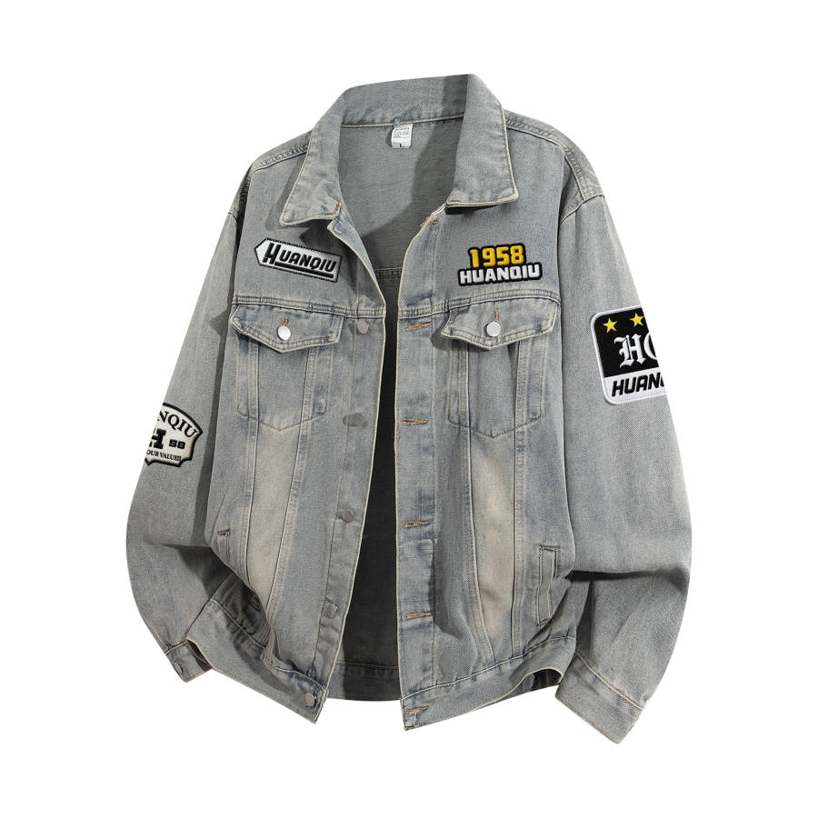 HUANQIU Denim Jackets Unisex Lapel Moderate Print