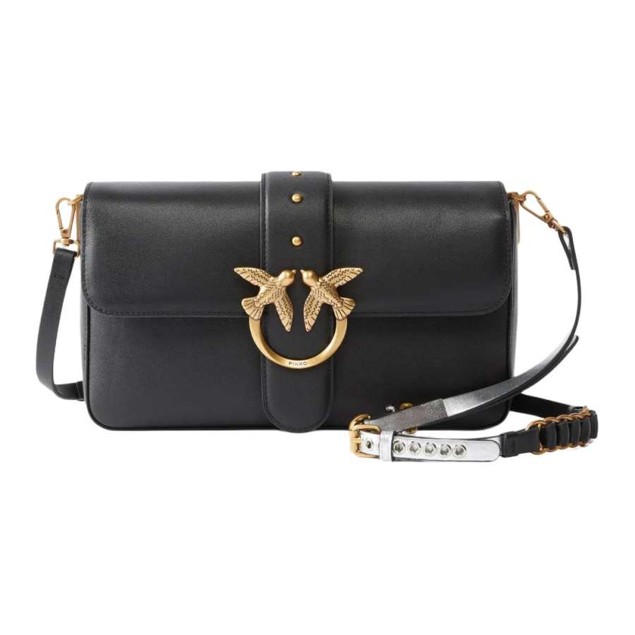 PINKO Love Birds Cow Leather Shoulder Bag, Crossbody Bag Medium Women's Black