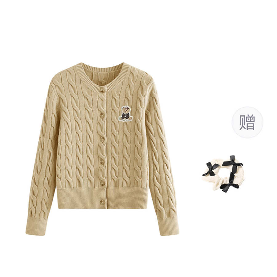 CPAURA Knitwear Women's Milk Coffee+Hair Tie Comes With Crew Neck Moderate Cardigan