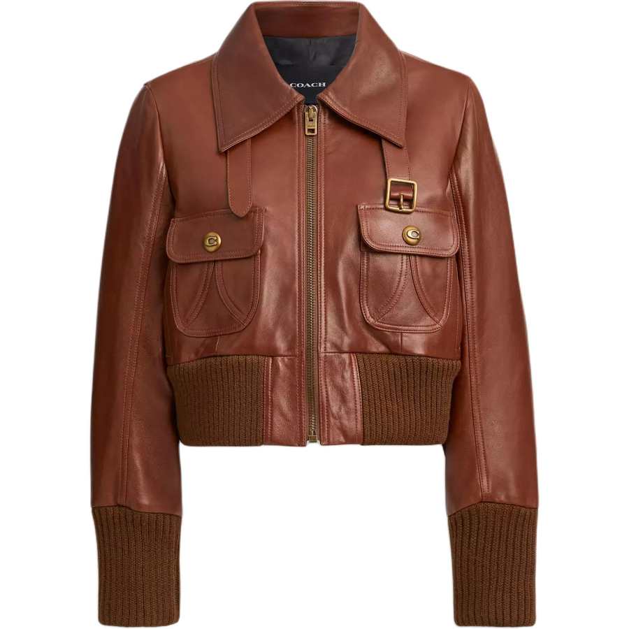 COACH Cropped Coats Women's Brown Lapel Moderate
