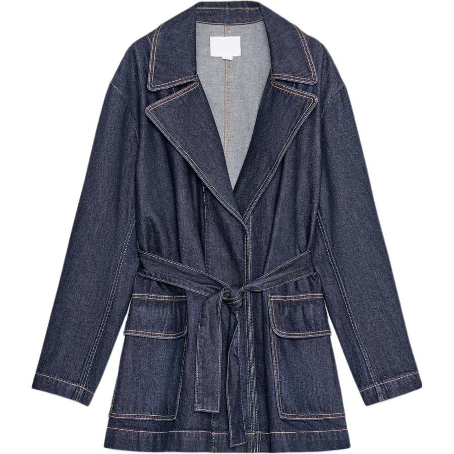 ZARA Trf Trench Coats Women's Dark Indigo Cyan Lapel Moderate
