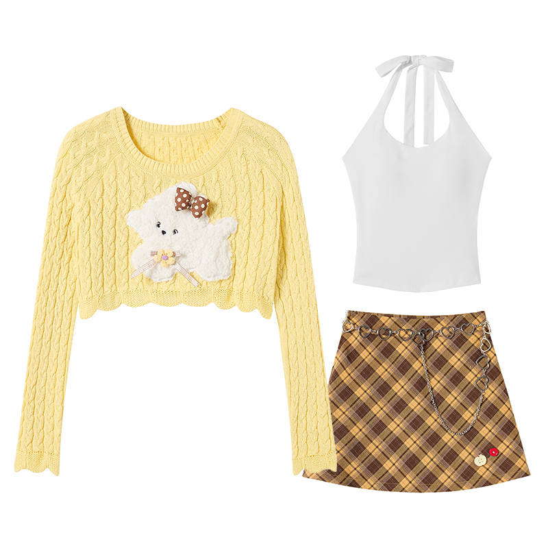 FABRIC PIG Two Piece Skirt Sets Women's Yellow Sweater+Tank Top+Short Skirt+Chain Crew Neck Moderate Short
