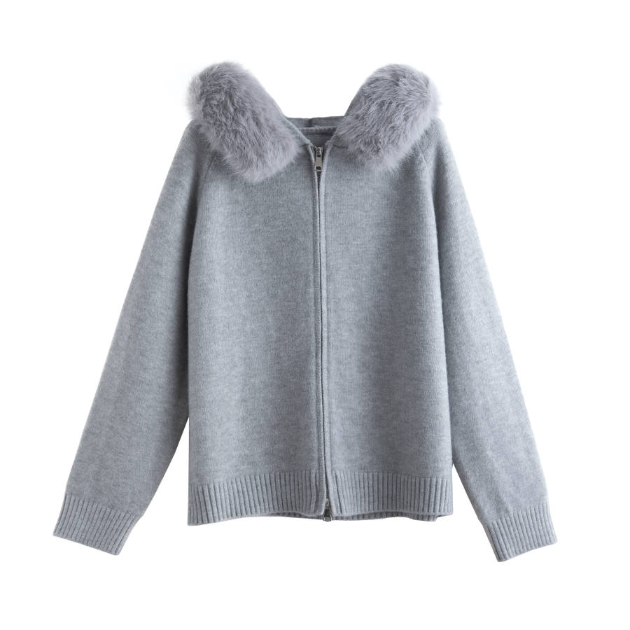 Tonlion Knitwear Women's Light Heather Gray Hooded Moderate Cardigan
