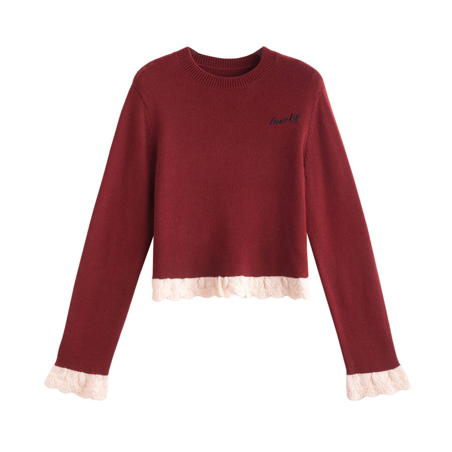 Tonlion Knitwear Women's Dark Red Crew Neck Moderate