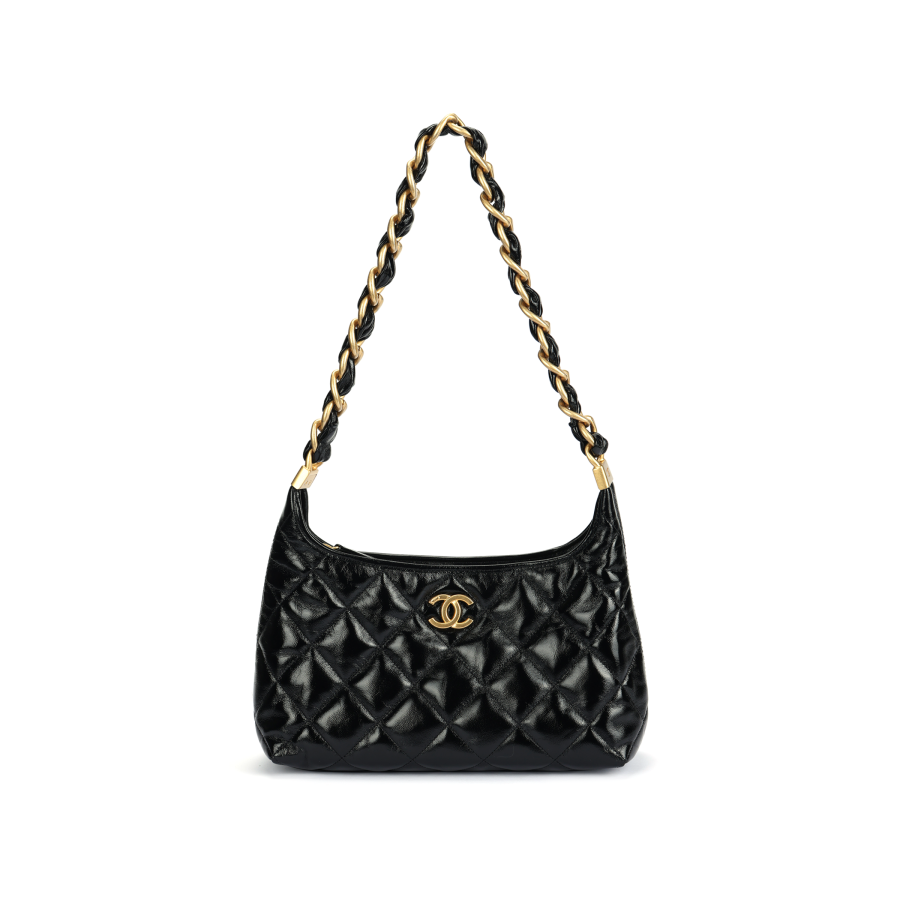 CHANEL Sheepskin Material Gold Metal One Shoulder Handbag Women's Black