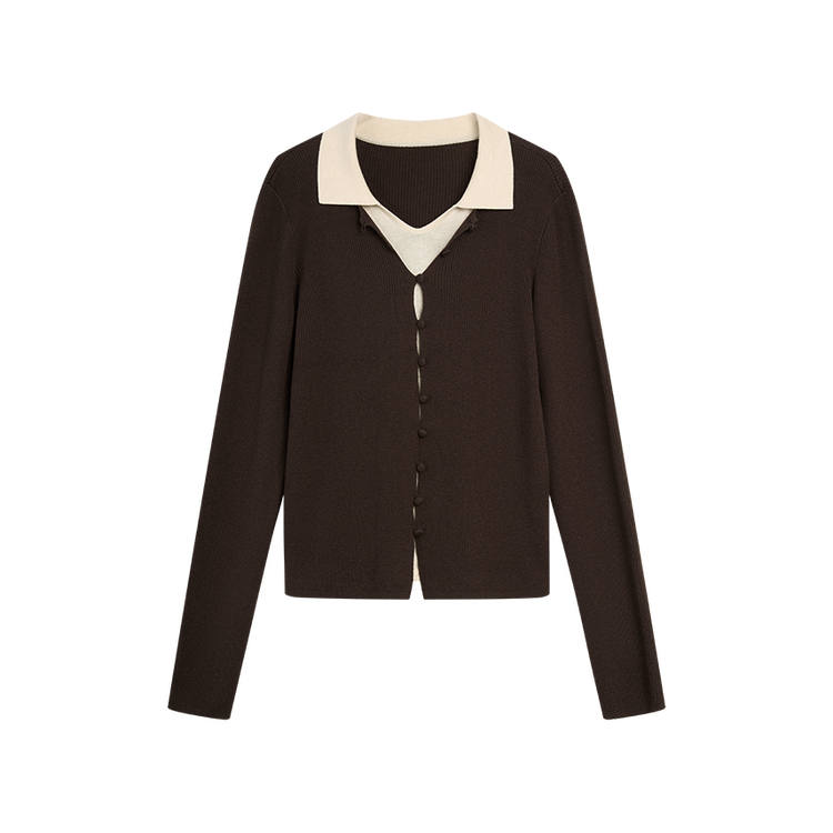 ELLE Knitwear Women's Dark Brown Lapel Moderate Base Layer