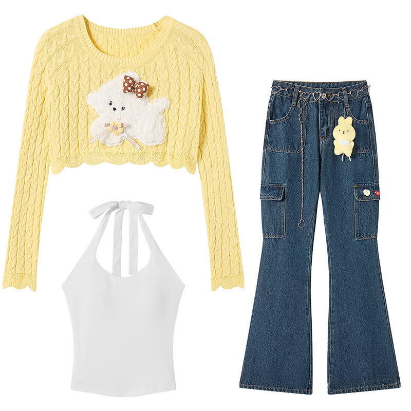 FABRIC PIG Casual Suits Women's Yellow Sweater+Tank Top+Pants+Bear Charm Crew Neck Moderate