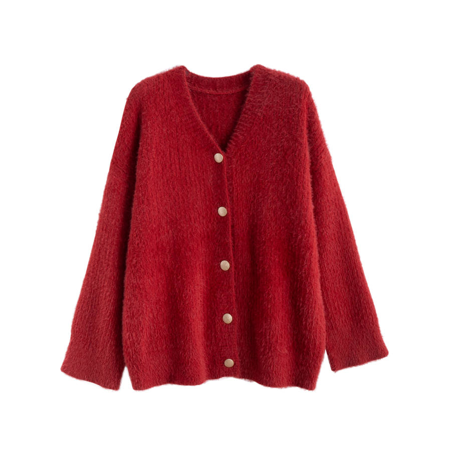 Tonlion Knitwear Women's Dark Red V Neck Moderate Cardigan