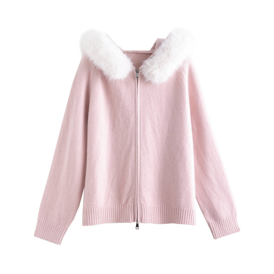 Tonlion Knitwear Women's Pink Hooded Moderate Cardigan