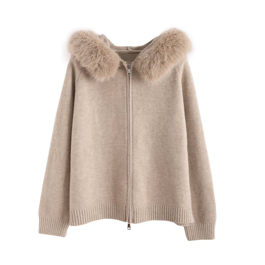 Tonlion Knitwear Women's Light Khaki Hooded Moderate Cardigan