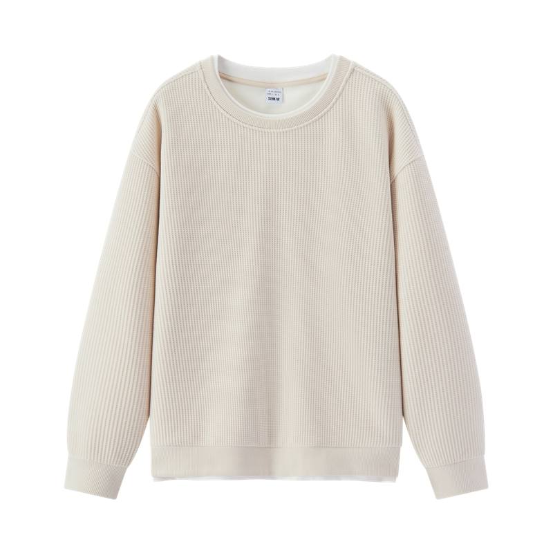 Semir Mall Same Style Men's Clothing Fleece Lined Waffle Knit Mock Two Piece Crew Neck Sweatshirt Men's
