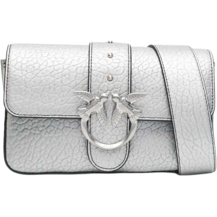 PINKO Love Birds Flap Closure Calfskin Crossbody Bags Women's Silver