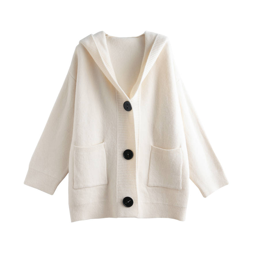 Tonlion Knitwear Women's Ecru Hooded Moderate Cardigan