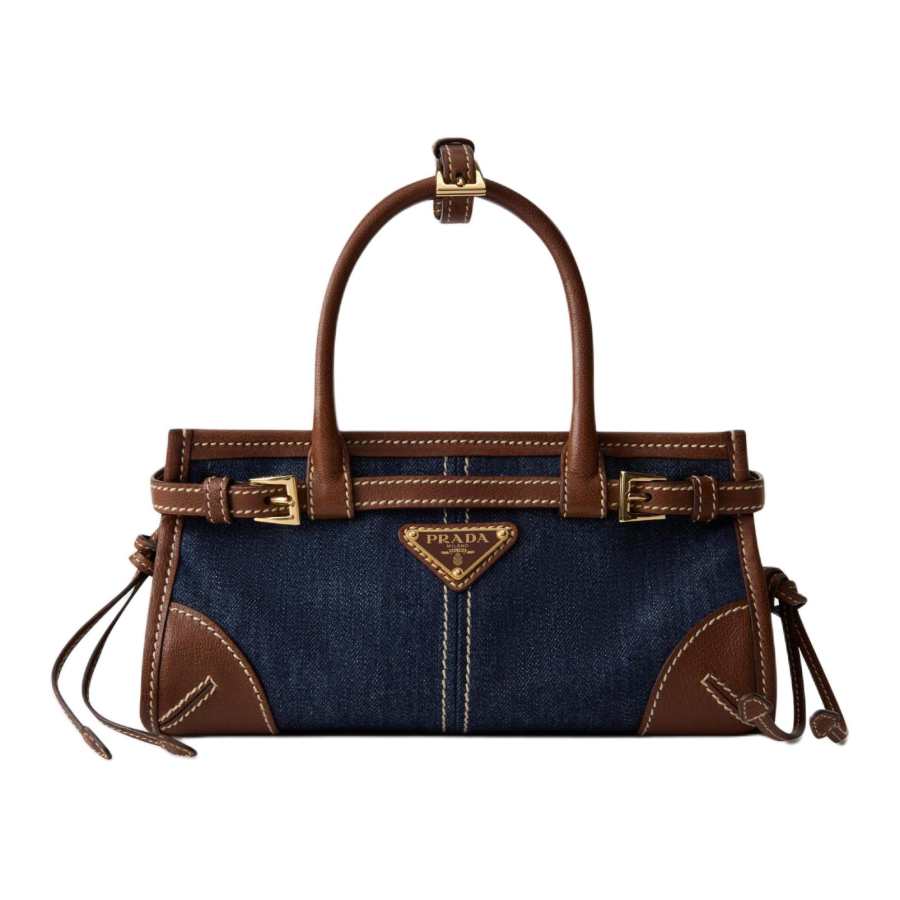 PRADA Bonnie Blended Material Handbag Mini Women's Blue & Brown