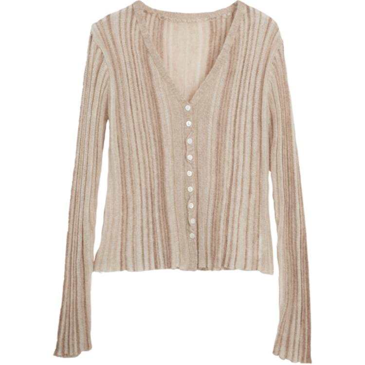 ELLE Sweaters Women's Stripes V Neck Moderate Cardigan