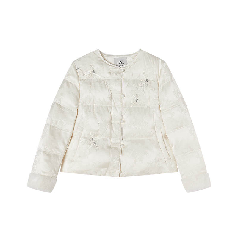 XIANGYING Down Jackets Women's Heron White Crew Neck Lightweight Chanel Inspired Down Jacket