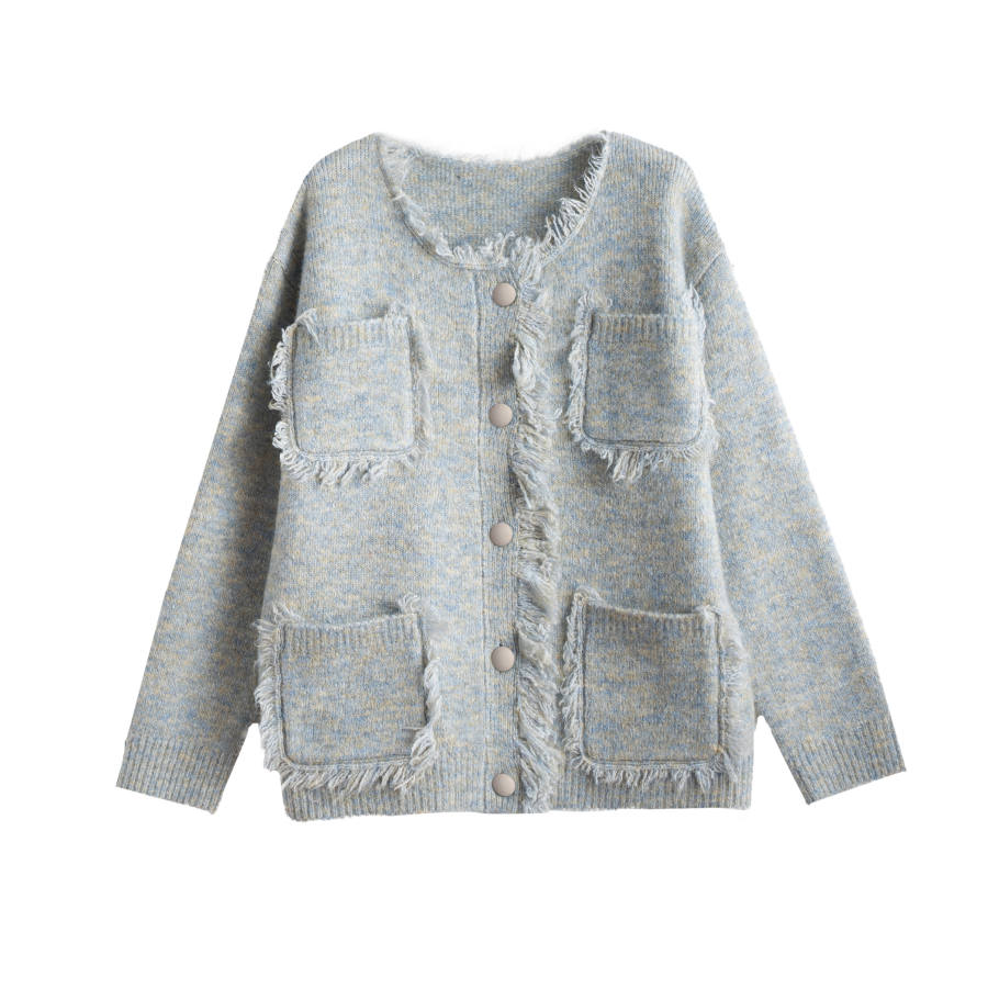 Tonlion Knitwear Women's Light Heather Gray Crew Neck Moderate Cardigan