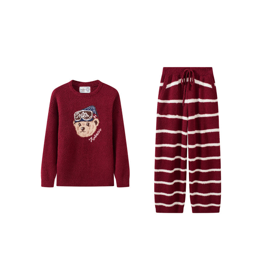 Teenie Weenie Warm Plush Bear Loungewear Fall Winter Crew Neck Thickened And Fleece Lined Top Pants Pajama Set Unisex