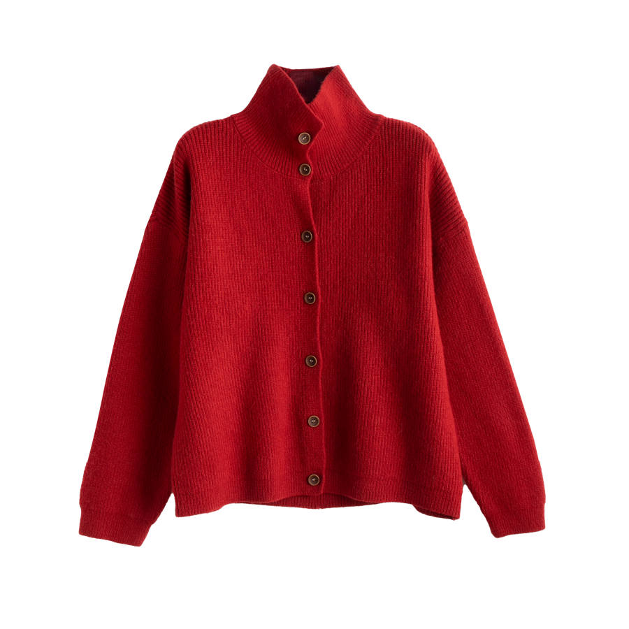 Tonlion Knitwear Women's Dark Red Turtleneck Moderate Cardigan