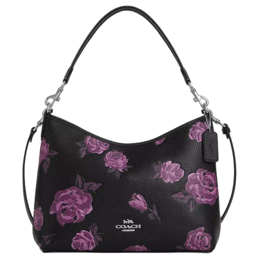 COACH Laurel Soft Pebbled Leather Shoulder Bag Large Women's Black & Purple