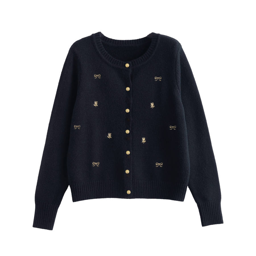 Tonlion Knitwear Women's Black Tone Crew Neck Moderate Cardigan