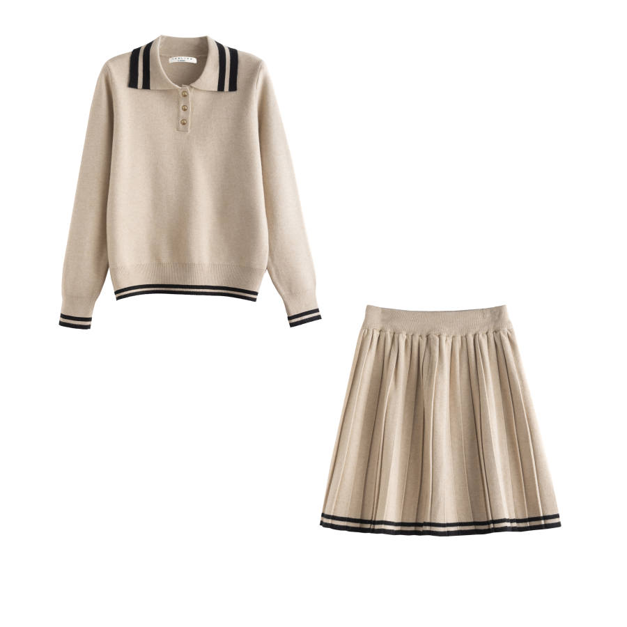 Tonlion Two Piece Skirt Sets Women's Light Khaki Lapel Moderate Short