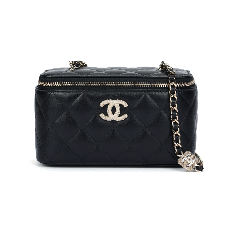 CHANEL Sheepskin Material Gold Metal Crossbody Handbag Women's Black