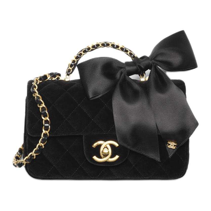 CHANEL 2025/26 Fall Winter Preview Velvet & Silk & Gold Metal Handbag Mini Women's Black
