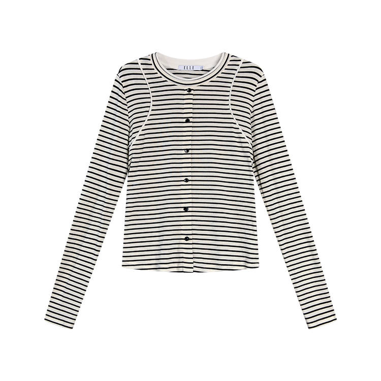 ELLE T Shirts Women's Black White Crew Neck Straight Fit