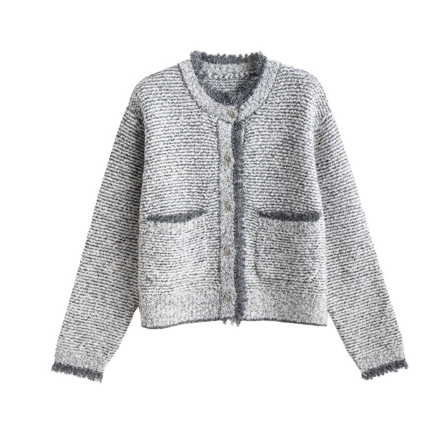 Tonlion Knitwear Women's Gray Tone Crew Neck Moderate Cardigan