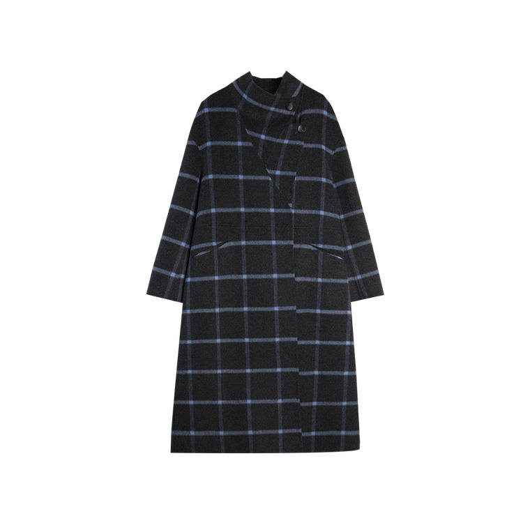 ELLE Coats Women's Blue Plaid Lapel Thickened Straight Fit
