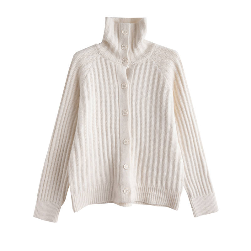 Tonlion Knitwear Women's Ecru Turtleneck Moderate Cardigan
