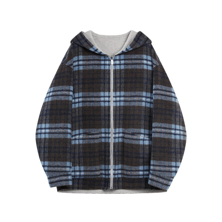 ELLE Coats Women's Blue Plaid Hooded Moderate Straight Fit