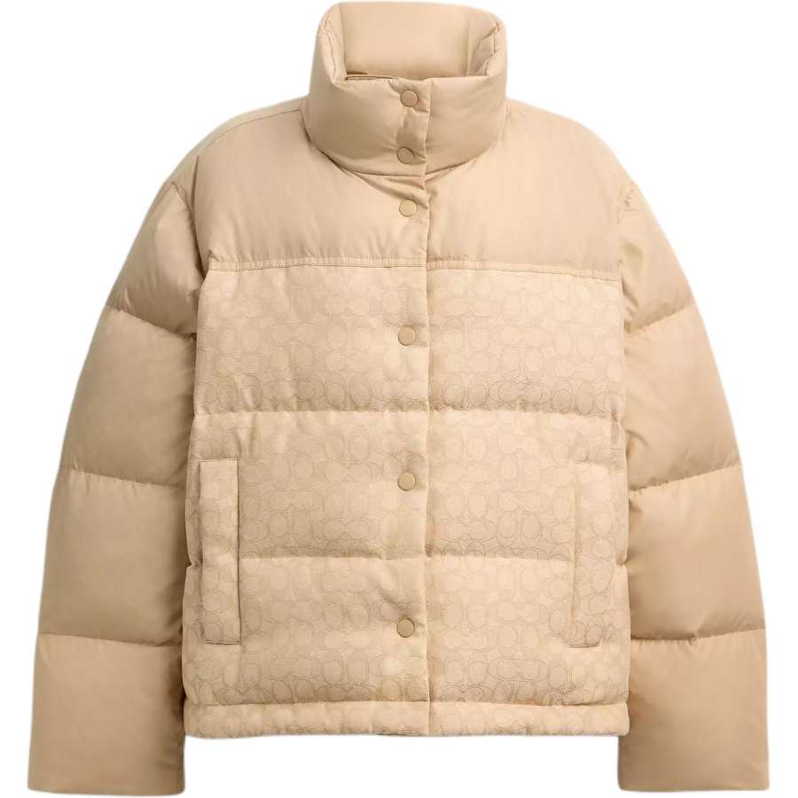 COACH Down Jackets Women's Light Khaki Stand Collar Fleece Lined Other