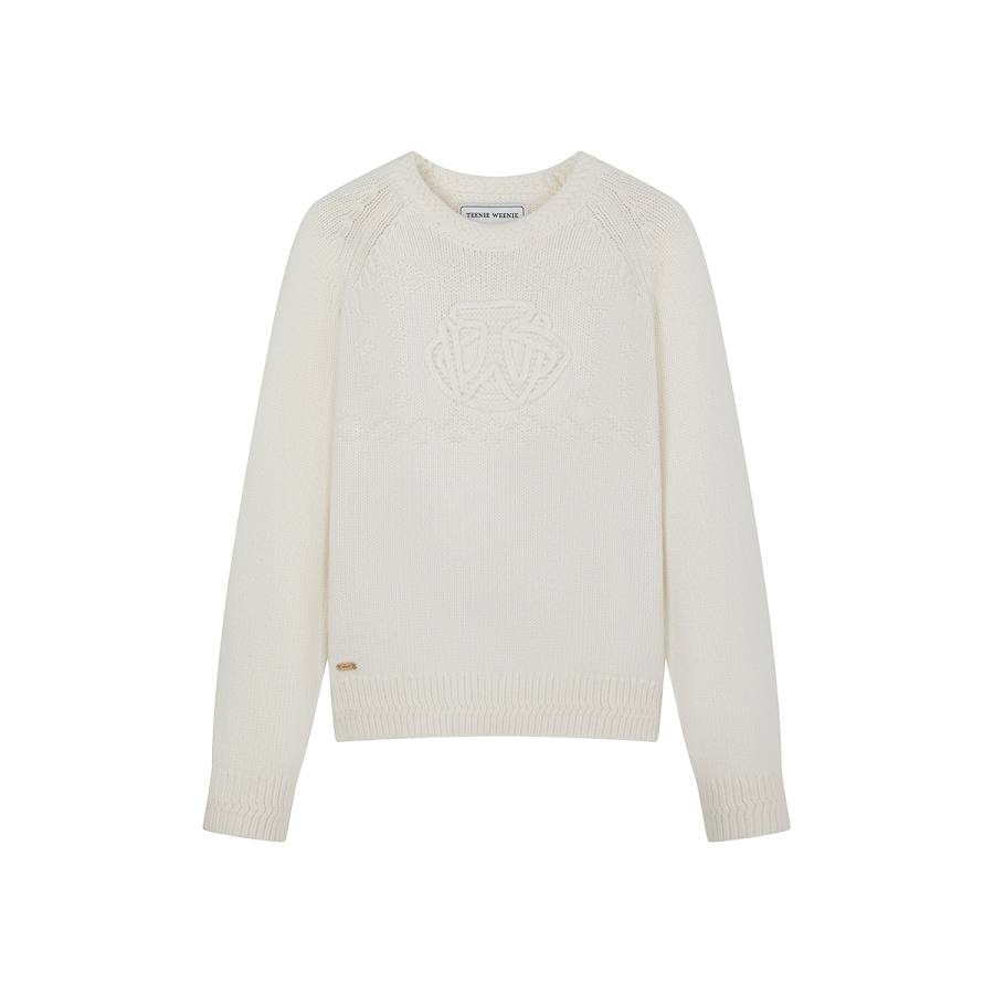 Teenie Weenie Knitwear Women's Ivory White Crew Neck Moderate Cardigan