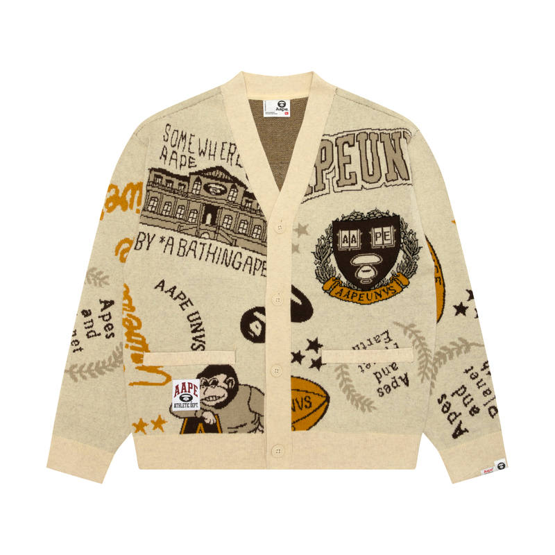 Aape Knitwear Men's Beige IVQ V Neck Moderate Cardigan