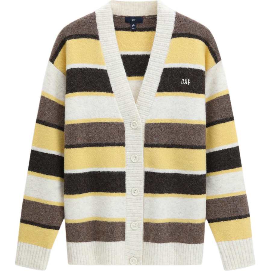 GAP Knitwear Women's Ivory White Stripes V Neck Moderate Cardigan