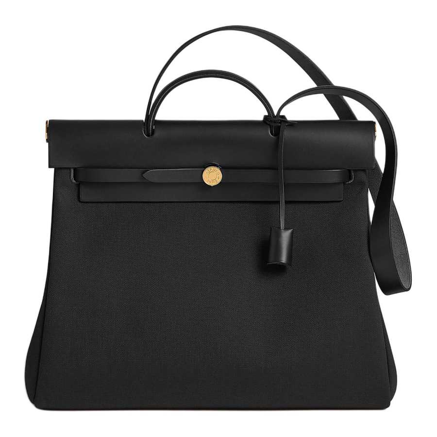 HERMES Herbag Zip Militaire Canvas With Hunter Cow Leather Shoulder Bag, Crossbody Bag, Handbag 39 Unisex Black