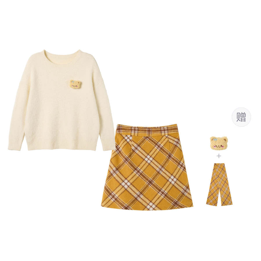 FABRIC PIG Two Piece Skirt Sets Women's Apricot Sweater+Yellow Short Skirt, Comes With Scarf+Pin Crew Neck Moderate Short