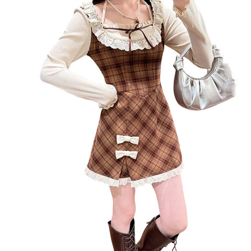 FABRIC PIG Two Piece Skirt Sets Women's Brown Dress+White Shawl, Comes With Brooch Crew Neck Moderate Short