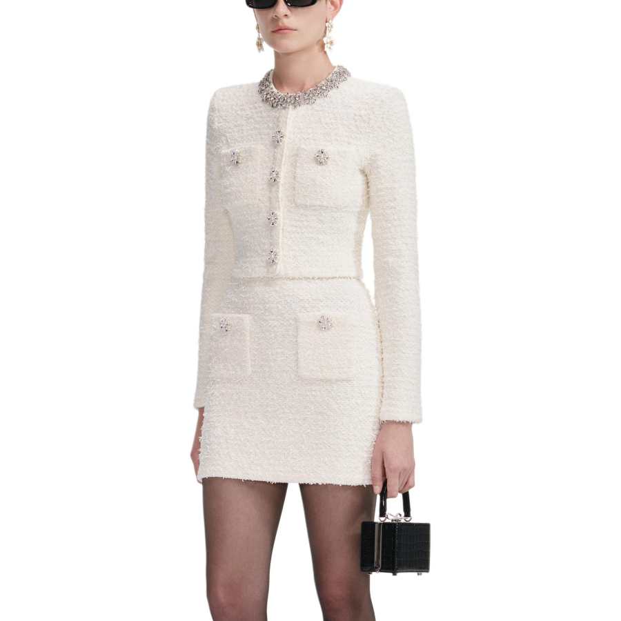 Self-portrait Self Portrait Sweaters Women's Ivory White Crew Neck Moderate Cardigan