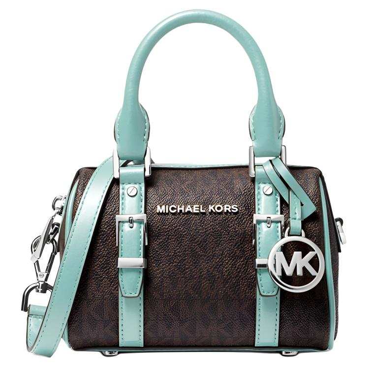 MICHAEL KORS Bedford Cow Leather Boston Bag, Shoulder Bag, Crossbody Bag Women's Dark Brown/Light Turquoise