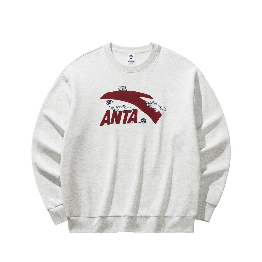 Anta Kitten Print, Fleece Lined Loose Fit, Thermal Pullover, Fashion Athleisure, Trendy Versatile, Long Sleeved Top