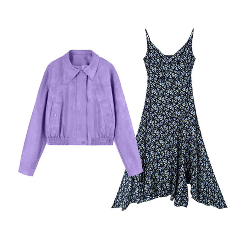 MARIE·COCO Two Piece Skirt Sets Women's Purple Coat+Dress Lapel Moderate