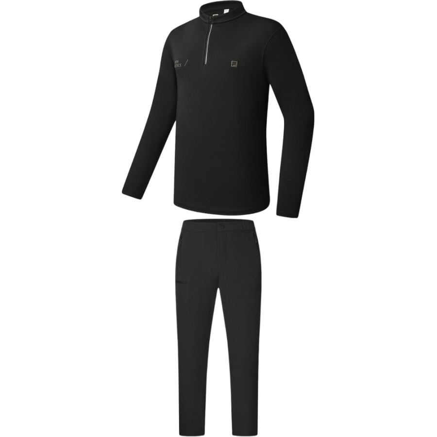FILA Casual Sportswear Men's Clothing Sets Pitch Black T Shirt+Pitch Black Pants Half Turtleneck Moderate