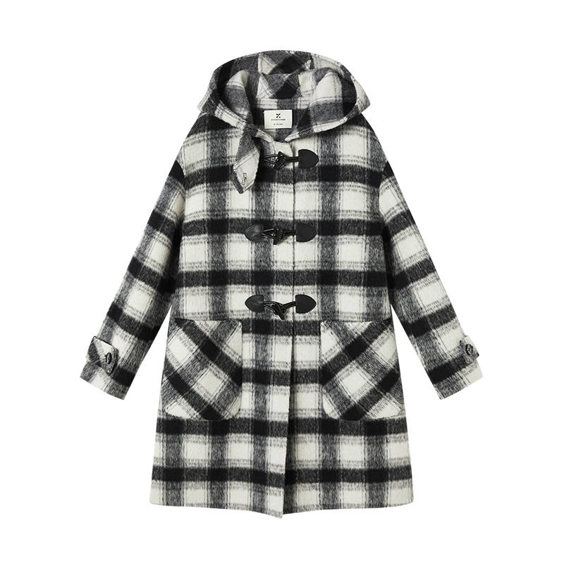 XIANGYING Coats Women's Gray Plaid Hooded Moderate Straight Fit