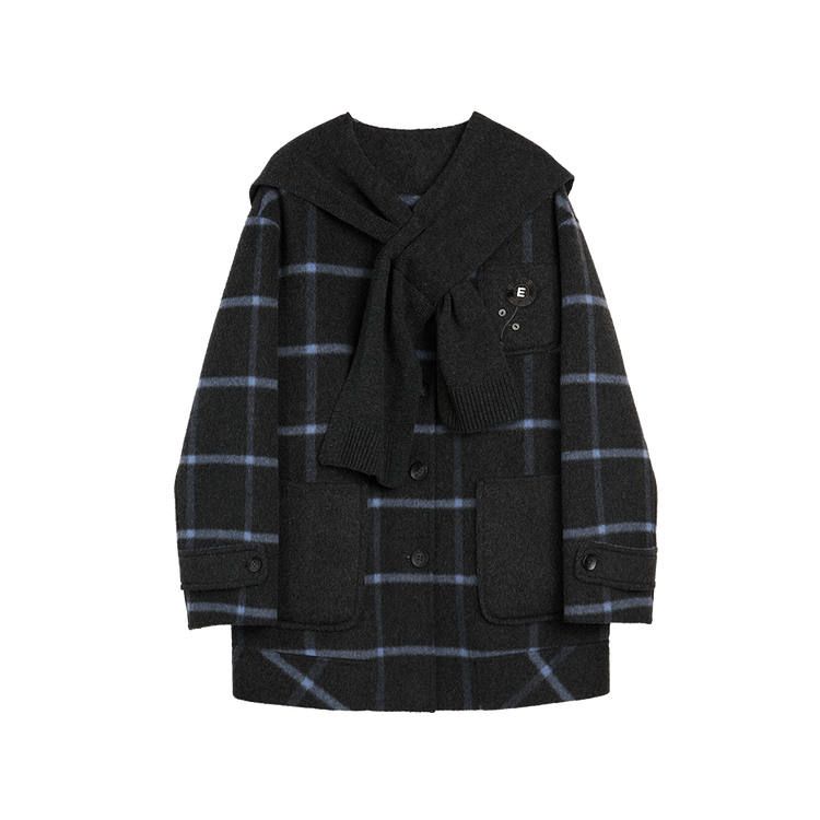 ELLE Coats Women's Blue Plaid Thickened Straight Fit