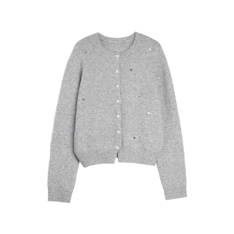 ELLE Knitwear Women's Light Gray Crew Neck Moderate Cardigan